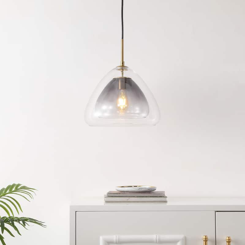 SAFAVIEH Lighting Annkathrin Modern Glam 1-Light Glass Pendant (LED Bulb Included) - Smoke Grey/Brass - 14Wx14Dx76H