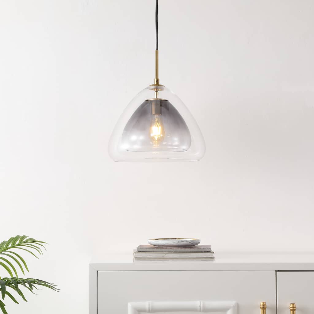 SAFAVIEH Lighting Annkathrin Modern Glam 1-Light Glass Pendant (LED Bulb Included) - Smoke Grey/Brass - 14Wx14Dx76H