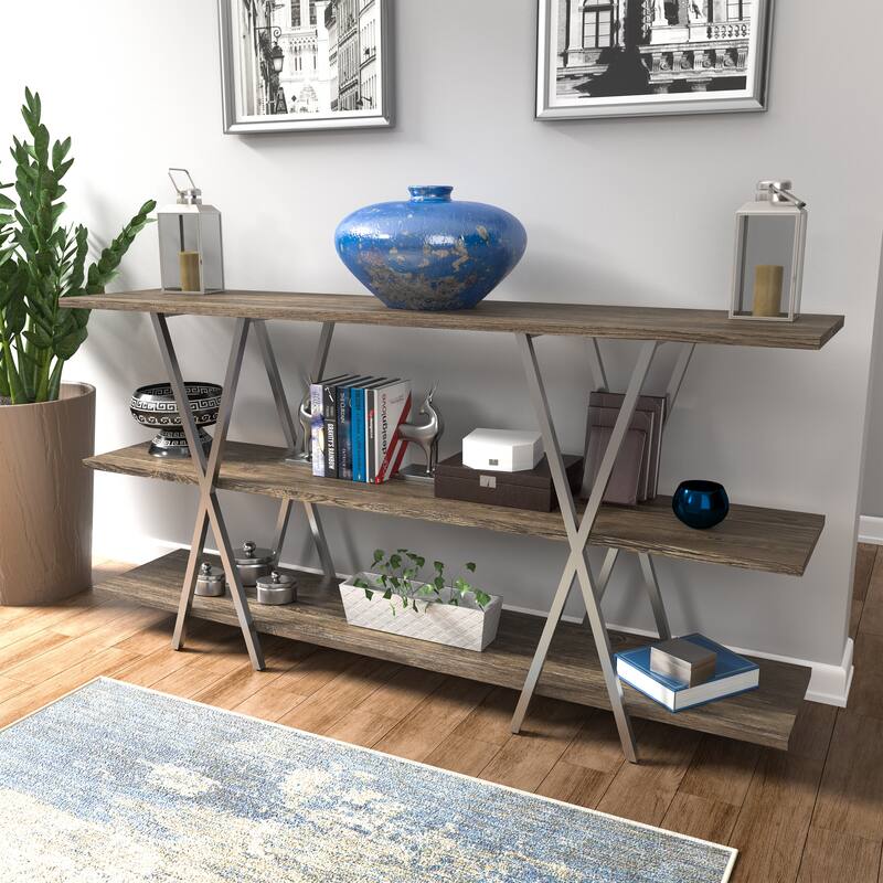 Kent Contemporary Oak Steel 2-Shelf Console Table by Furniture of America