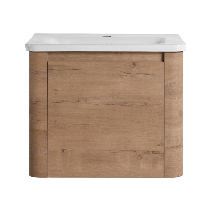 24'' Wall-Mounted Bathroom Vanity with White Ceramic Sink & 1-Soft-Close Door, KD-Packing, Plywood