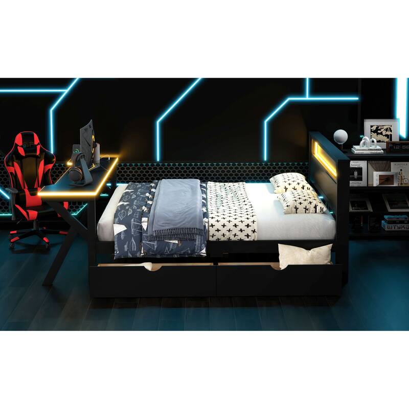 Roomfitters Twin/Full Wooden Gaming Platform Bed with LED Headboard, Desk and Drawers, Black