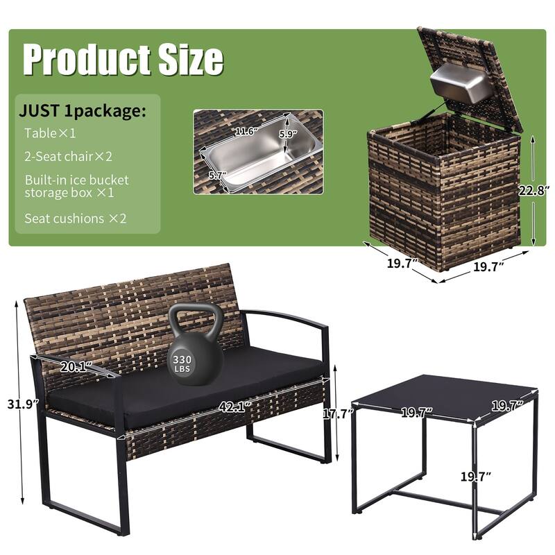 4-Piece Wicker Outdoor Sofa Set, 2 Loveseats, 1 Table, 1 Ice Bucket