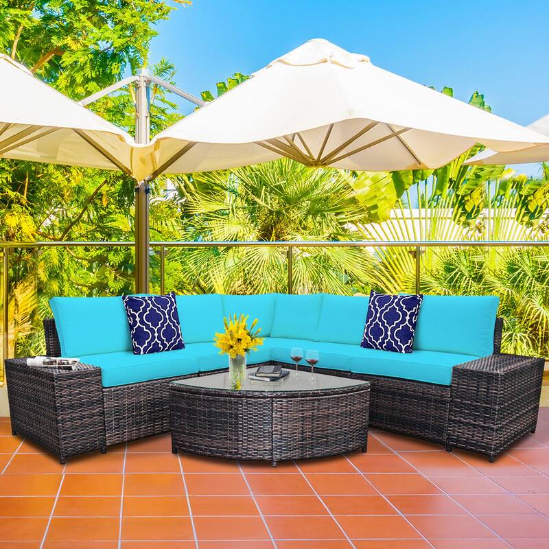 Gymax 6PCS Wicker Furniture Sectional Sofa Set w/ Cushions Turquoise - See details - Symmetrical - Blue