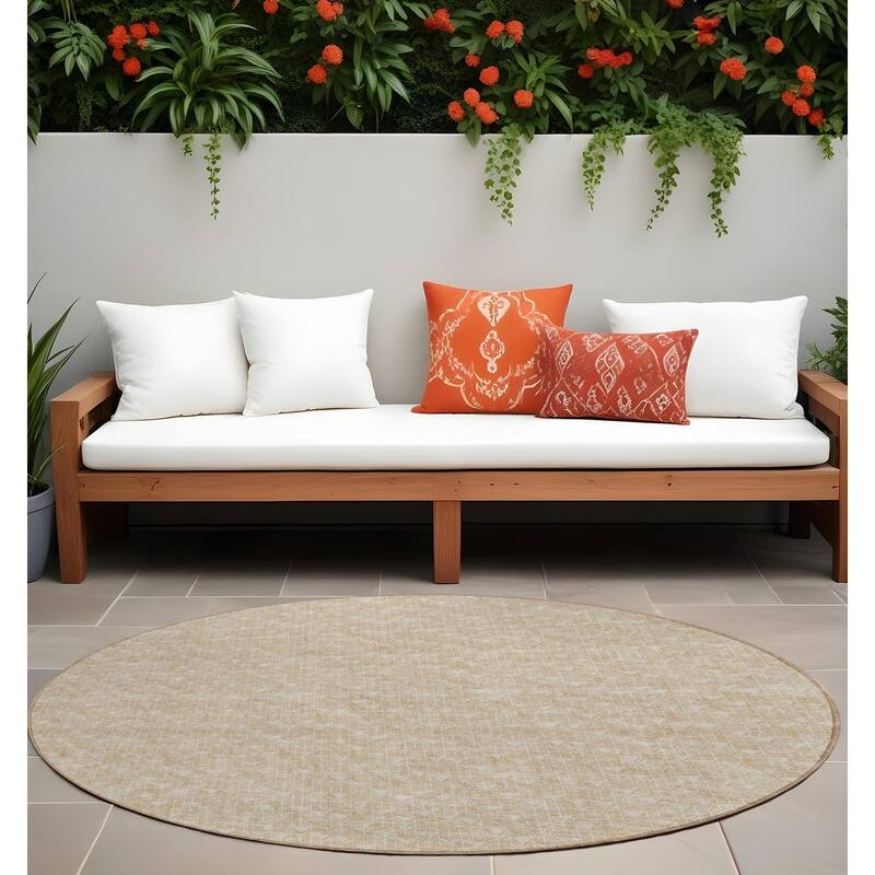 Hari Abstract Shapes Weather Resistant Classic Meets Modern Outdoor Rug - 8' Round - Tan