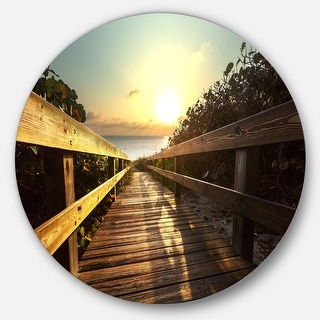 Designart 'wood Boardwalk Into The Sunset Sea' Sea Bridge Circle Wall 