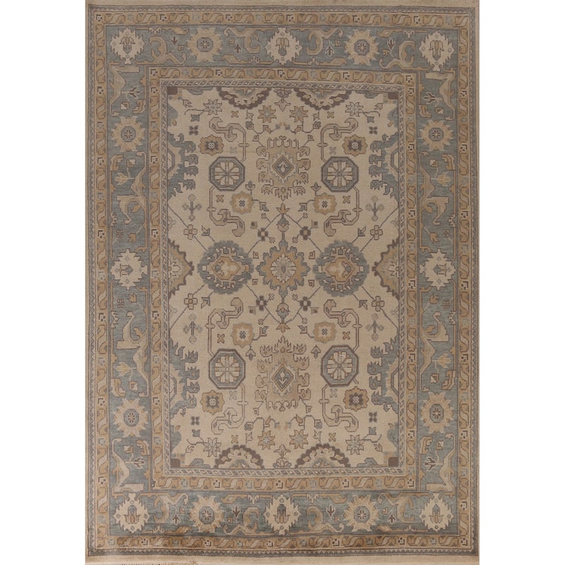 Earth Tone Geometric Oushak Indian Area Rug Handmade Wool Carpet - 9'3" x 11'11"