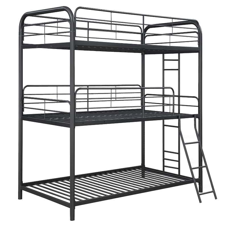 Metal Triple Bunk Bed with Ladder and Fence for Kids' Rooms