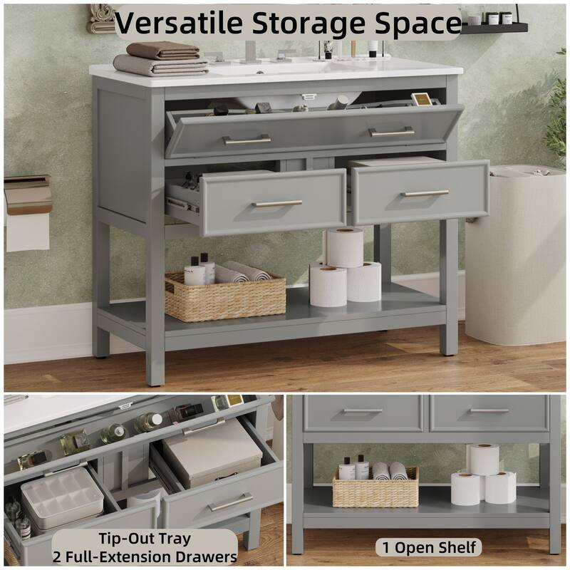 Roomfitters 36" Bathroom Vanity with Ceramic Sink, Tip-Out Tray, 2 Full-Extension Soft-Close storage units and Open Shelf