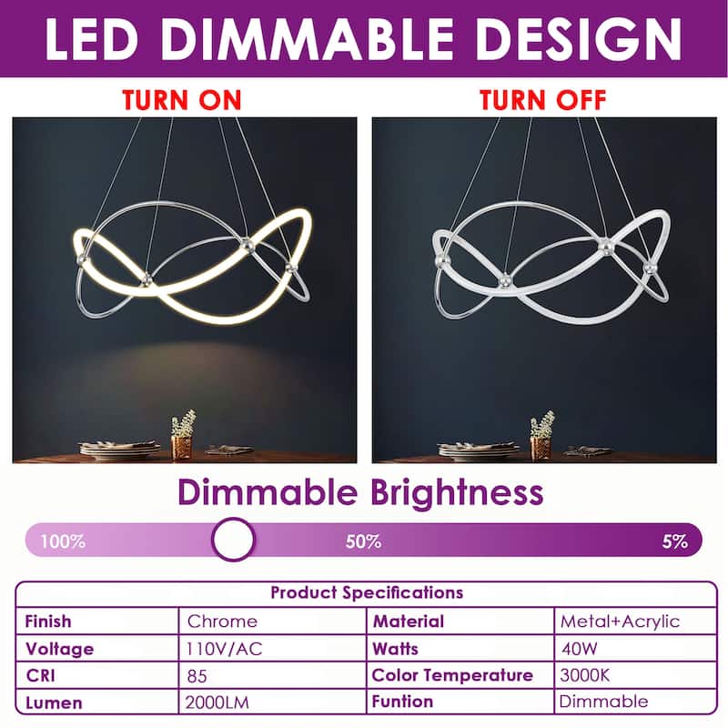 Modern Chrome Linear Geometric Dimmable Integrated LED Chandelier for Living/Dining Room - 25.9 in. W