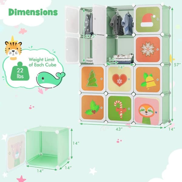 dimension image slide 2 of 5, Kids Wardrobe Closet with Hanging Section and Cute Doors