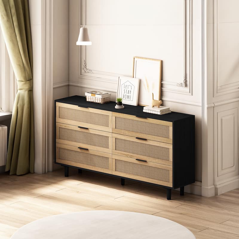 59.06"6-Drawers Rattan Storage Cabinet Rattan Drawer - Black