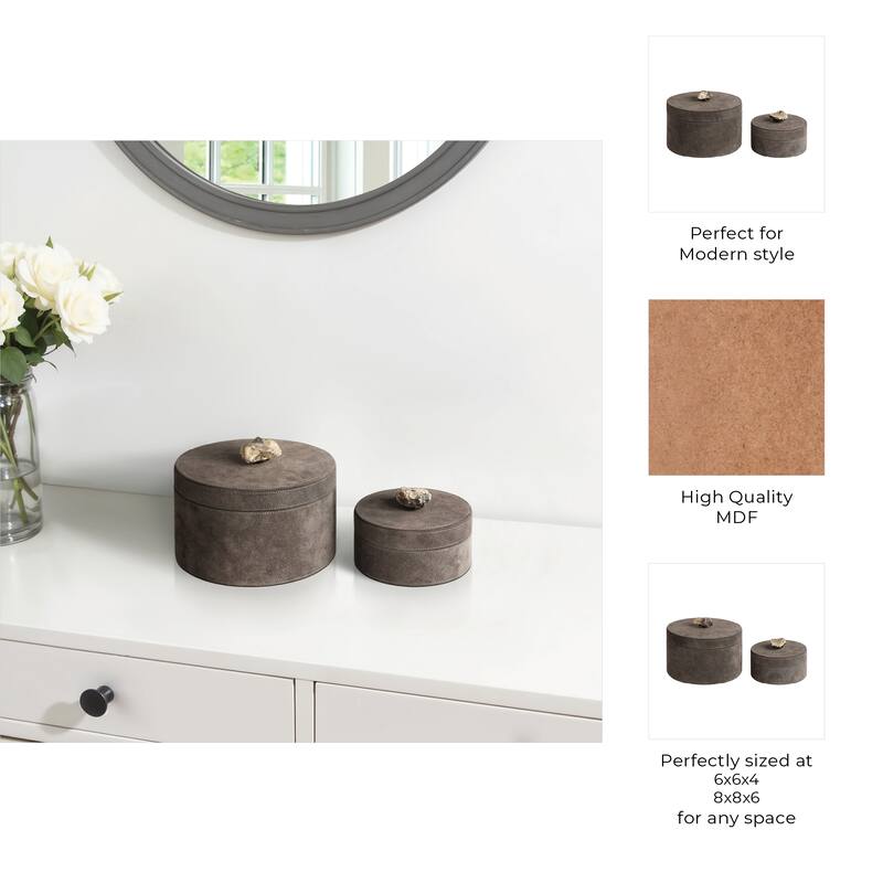 Wood Keepsake Box Stone Knob Lid Elegant Storage (Set of 2) - 5" Gray - 8" x 8" x 5"