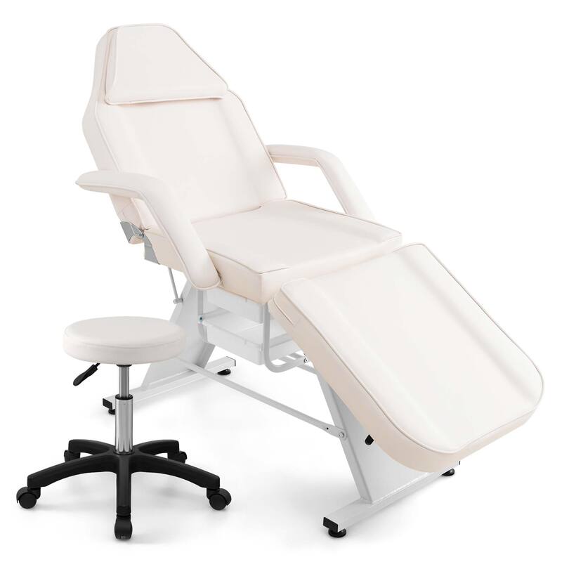 72" Massage Bed -3-Section Tattoo Chair w/ Hydraulic Stool - White