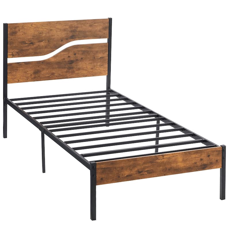 VECELO Beds Industrial Platform Bed Frame with Wood Headboard,Easy Set up