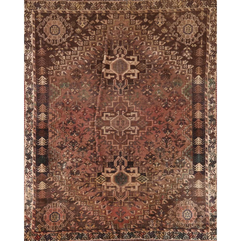 Qashqai Persian Antique Area Rug Hand-Knotted Wool Carpet - 3'9"x 4'10"