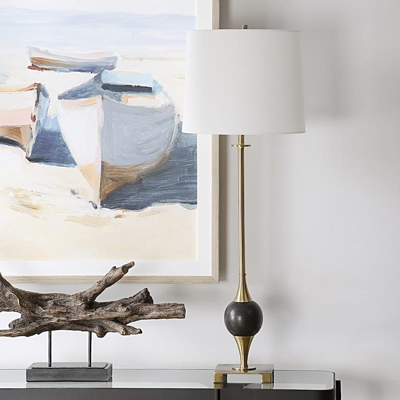 Dolomite Marble Orb Table Lamp with Drum Shade - 35" - Brass Finished and Black