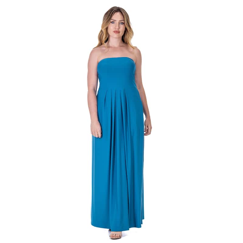 24seven Comfort Apparel Womens Pleated A Line Strapless Maxi Dress With Pockets - Blue - 1X