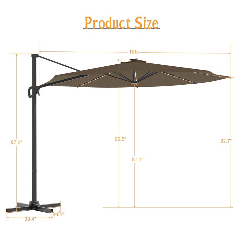 LIVOOSUN 10FT LED Round Cantilever Umbrella For Your Outdoor Space, Solution-Dyed Fabric, 360° Rotation System