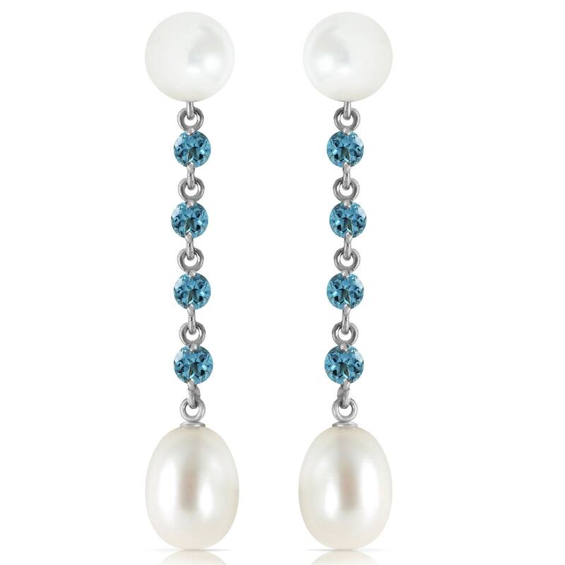 14K Solid Gold Chandelier Blue Topaz & Pearl Gemstone Earrings