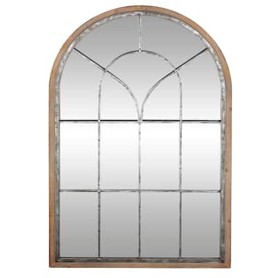 Wooden Window Pane Inspired Wall Mirror with Arched Top - Brown - Roche River Decor - 1"W x 33"L x 51"H