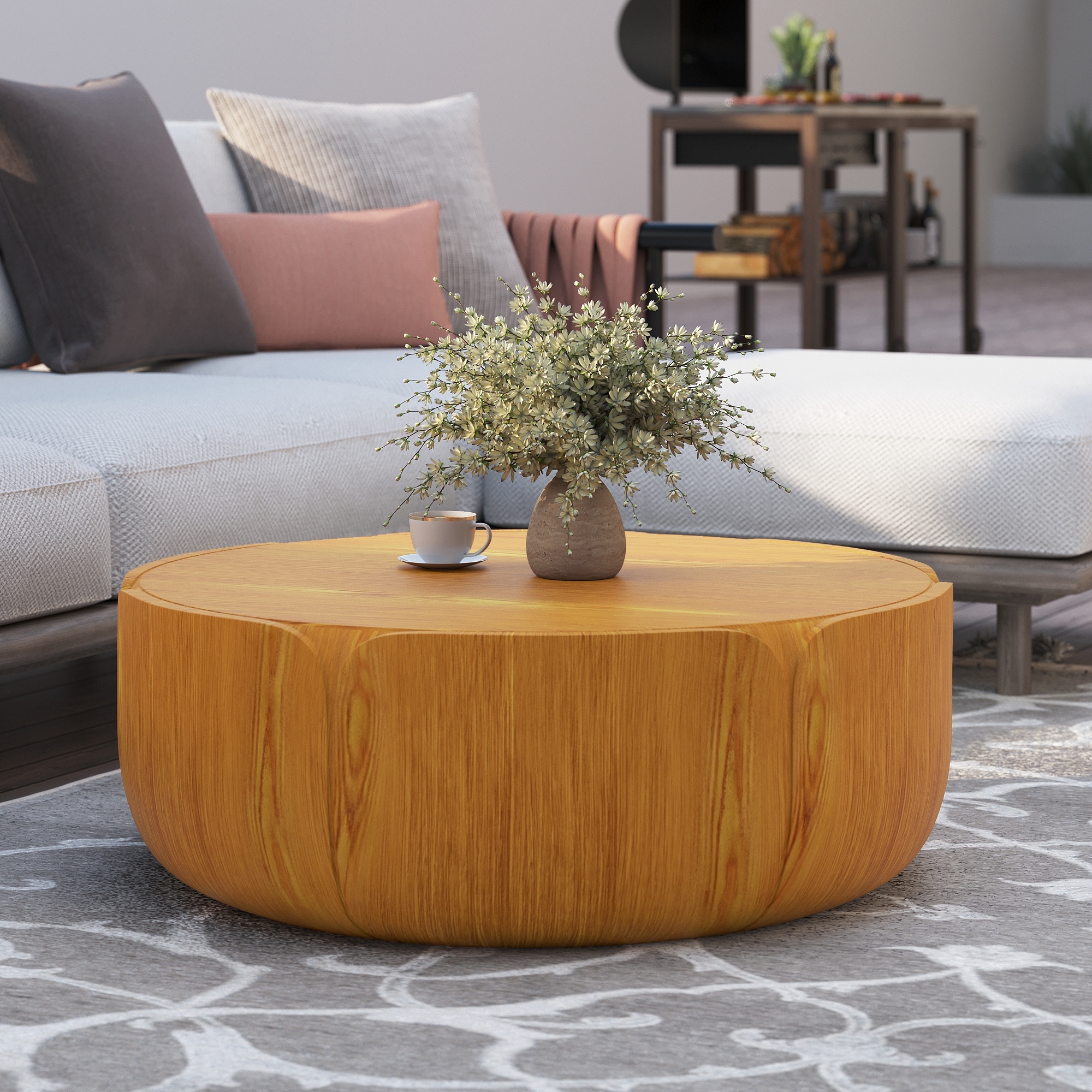 35.63" Round Outdoor Indoor Coffee Table, Modern Wood Grain Drum Center Table, Sturdy MGO (Magnesium Oxide) Waterproof
