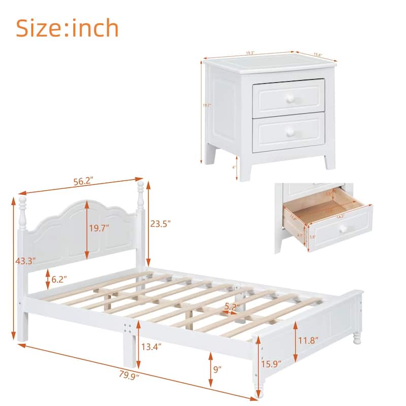 3-Pieces Bedroom Sets, Full/Queen Size Wood Platform Bed & 2 Nightstands, Modern Bed Frame w/ Headboard, Nightstand w/ 2 Drawers