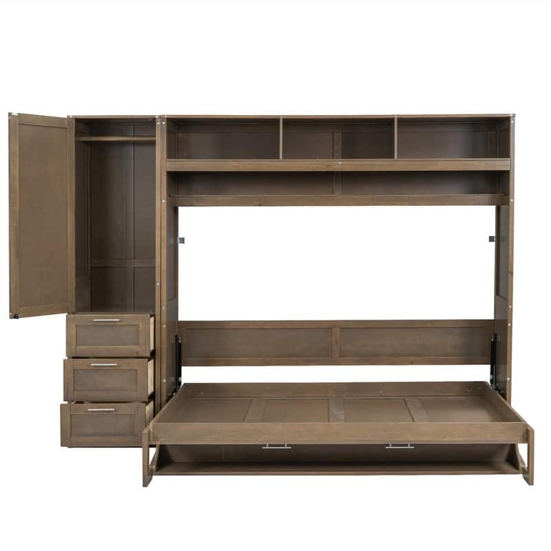 Full Size Murphy Bed Wall Bed with Bulit-in Wardrobe and 3 Storage Drawers, Folding Murphy Cabinet Bed with Open Shelves