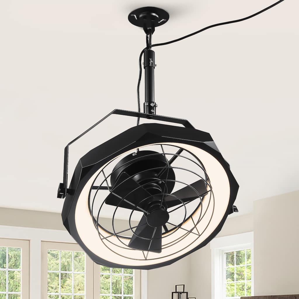 20" Industrial Black Integrated LED Caged Ceiling Fan Wall Mounted Fan with Light