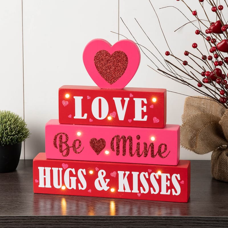 Glitzhome Valentines LED Wooden Block Love Table Decor