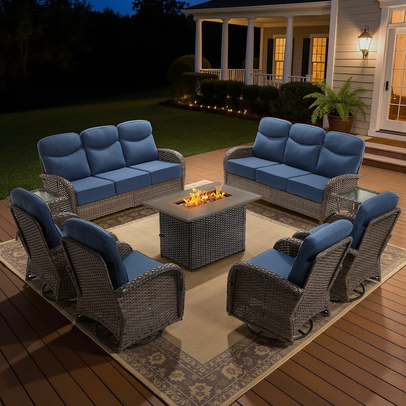 Luna 9-Piece Wicker Outdoor Patio Fire Pit Sofa Set with 6-Inch Thick Cushions