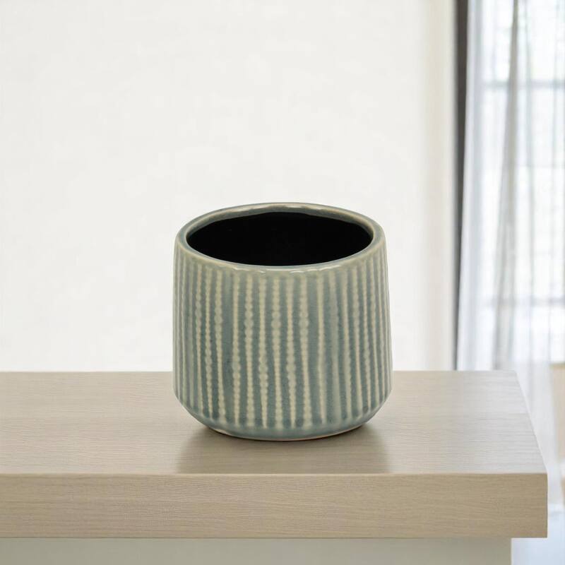 HomeRoots Green Ceramic 25 Ounce Striped Round Distressed Pot Planter - 4.75 in. x 4.25 in. x 4.75 in. - Green - 4.75 in. x 4.25 in.  x 4.75 in.