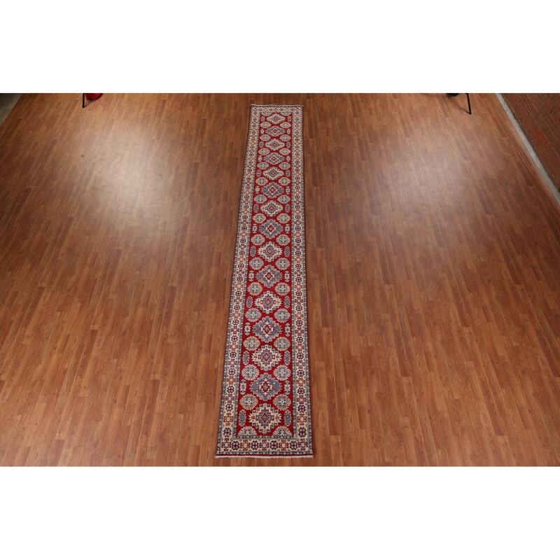 Red Kazak Runner Rug Handmade Wool Carpet - 2'6" x 16'3"