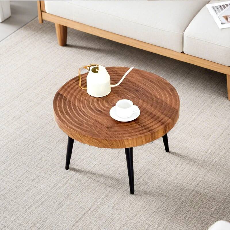 Natural Wood Grain Texture Round Coffee Table,Exquisite Suction Molding Process,Natural Wood Grain Texture,Sprayed Metal Leg