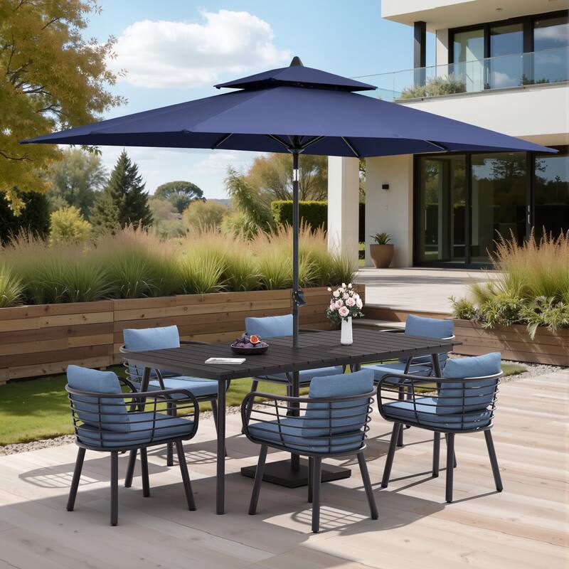 9/11-PieceOutdoor Patio Dining Set with Sunbrella Cushions Aluminum Dining Table and Chairs w/10 ft Umbrella and Base - Set of 9 - Black Table with Navy Blue Umbrella