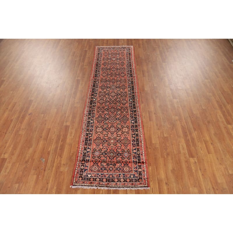 All-Over Geometric Hamedan Persian Runner Rug Handmade Wool Carpet - 2'8" x 9'9"