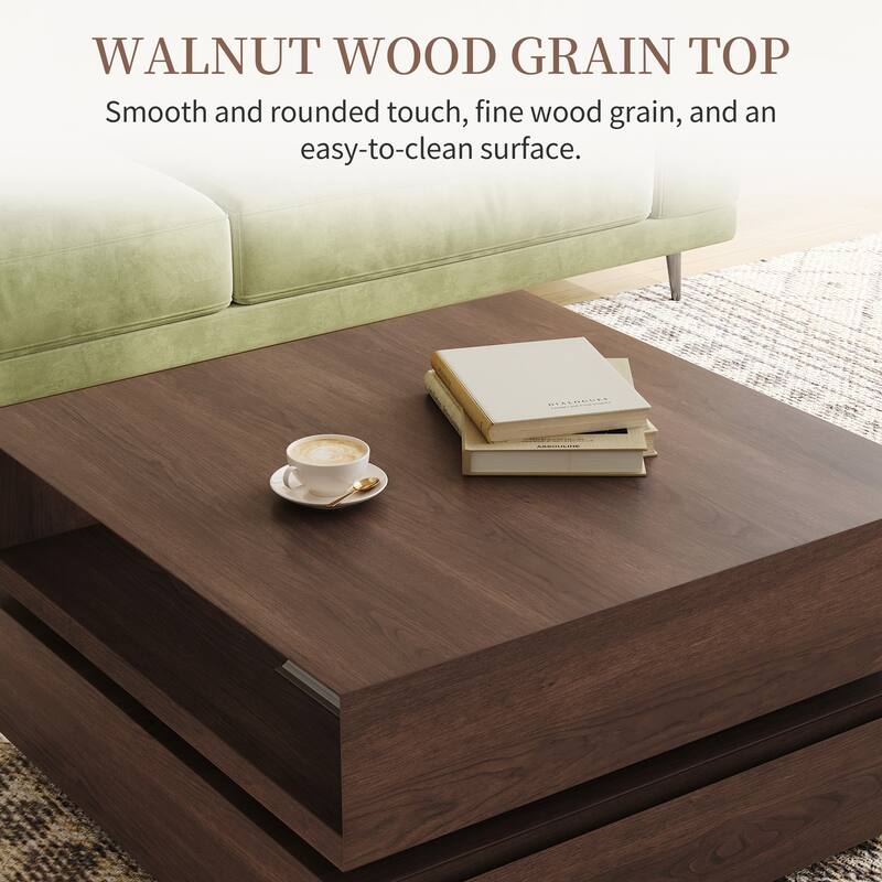 31.5" Mid Century Square Wood Coffee Table,Swivel Two-tier Coffee Table, Brown