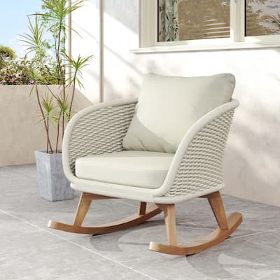 Contemporary Minimalist Beige Wicker Rocking Chair with Soft Polyester Cushions and Durable Wooden Frame
