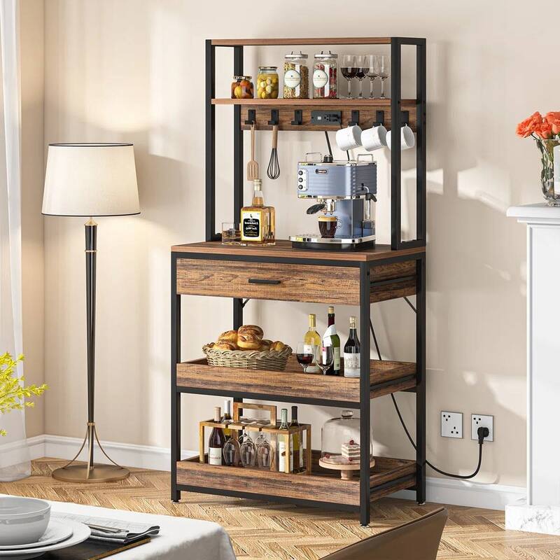 3-Shelf Kitchen Baker’s Rack with Drawers Pull-Out Shelf Microwave Storage and Steel Frame - 64.96”H x 31.50" W x 15.75”D