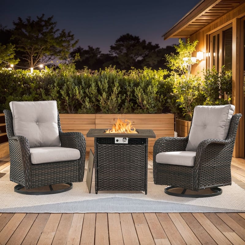 Pocassy 3 Pieces Fire Pit Table with Swivel Gilder Chairs - Brown Wicker Beige Cushion - 3 Pieces Swivel Chair with Fire Table