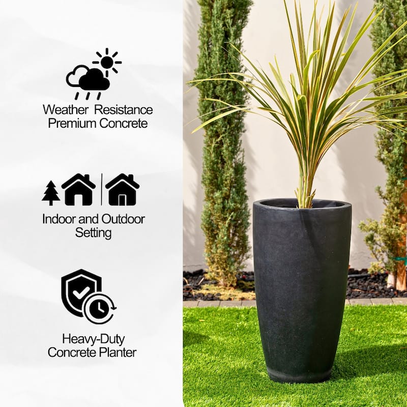 Kante 23.6"H Weathered Concrete Tall Planter, Outdoor/Indoor Modern Decorative Planter Pot, Seamless with Drainage Hole, Black