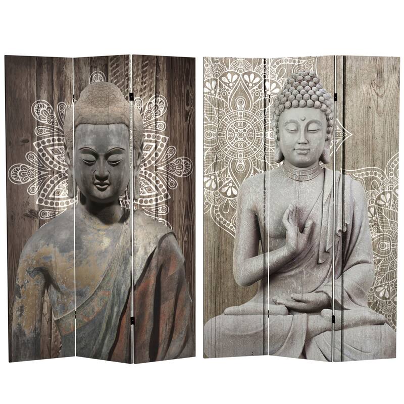Handmade 6' Double Sided Stone Buddha Canvas Room Divider