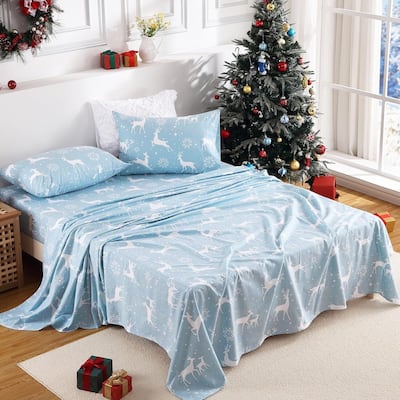 Christmas Soft Brushed Microfiber Holiday Bed Sheets Set, Light Blue