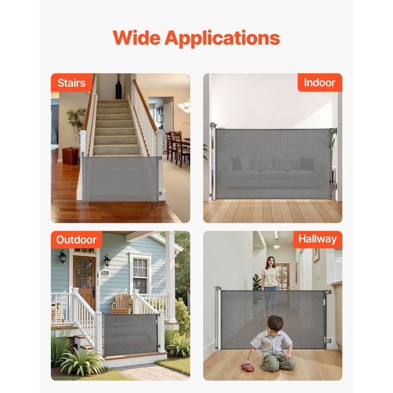 Retractable Baby Gate with Escape-Proof Bottom Hook and Mesh Design for Kids and Pets Safety