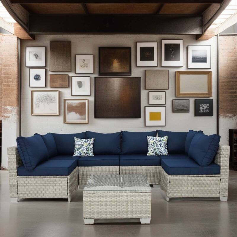 7-Piece PE Rattan Wicker Outdoor Patio Sectional Sofa Set with Cushions and Coffee Table