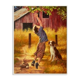 Stupell Boy Jumping for Autumn Farm Apple with Dog Wood Wall Art - Bed ...