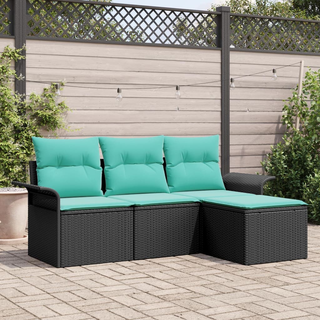 vidaXL 4 Garden Sofa Set with Cushions Black Poly Rattan - 77.2 x 46.1 x 27.2