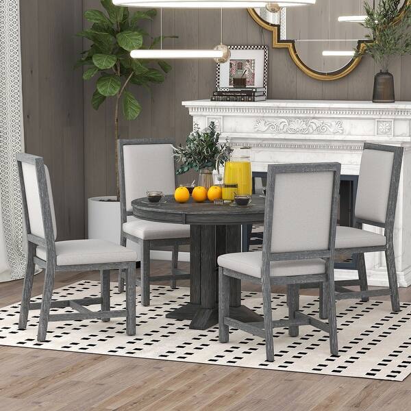 5-Piece Extendable Round Dining Set with 4 Upholstered Chairs for ...