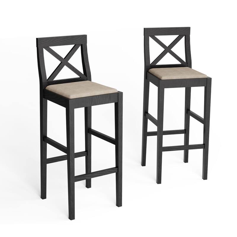 Set of 2 Wood Counter Height Bar Stool with Backrest and Footrest - Black