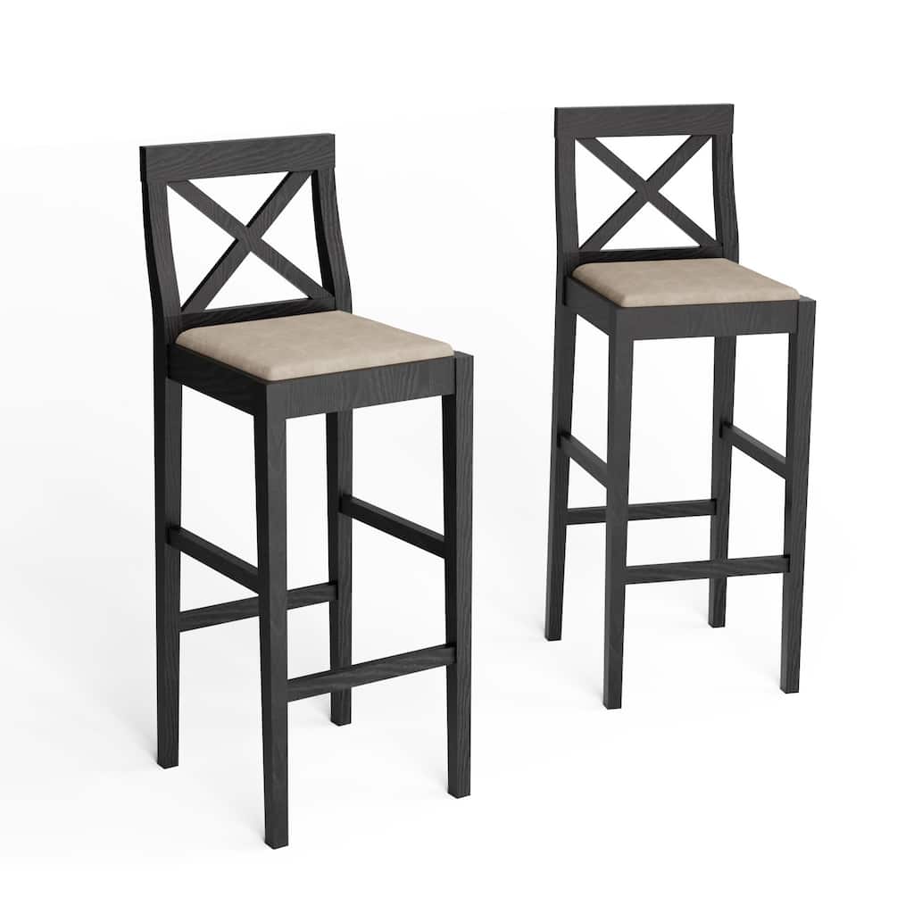 Set of 2 Wood Counter Height Bar Stool with Backrest and Footrest