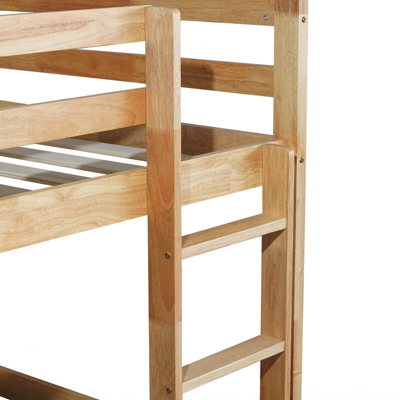 Wooden Twin over Twin Floor Bunk Bed with Ladder ,Upper and Bottom Bed Platforms